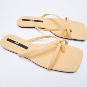 Zara New Flat Squared Toe Yellow Nude Sandals, nwt